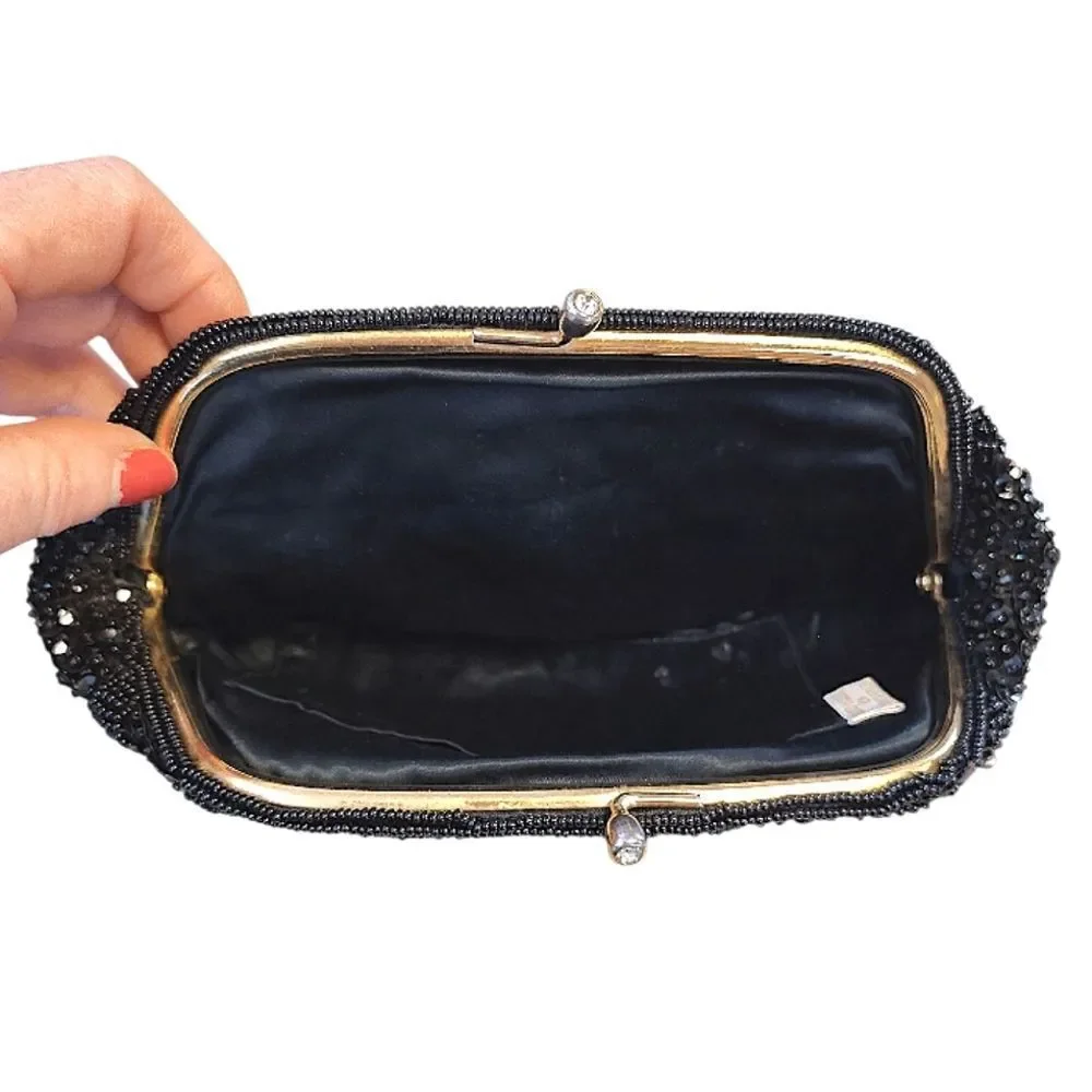 VTG 50s 60s Black Handmade Hong Kong‎ Beaded Sequins Kiss Lock Clutch